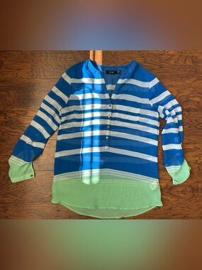 Apt. 9 Blue, White & Green Striped Semi-Sheer Blouse